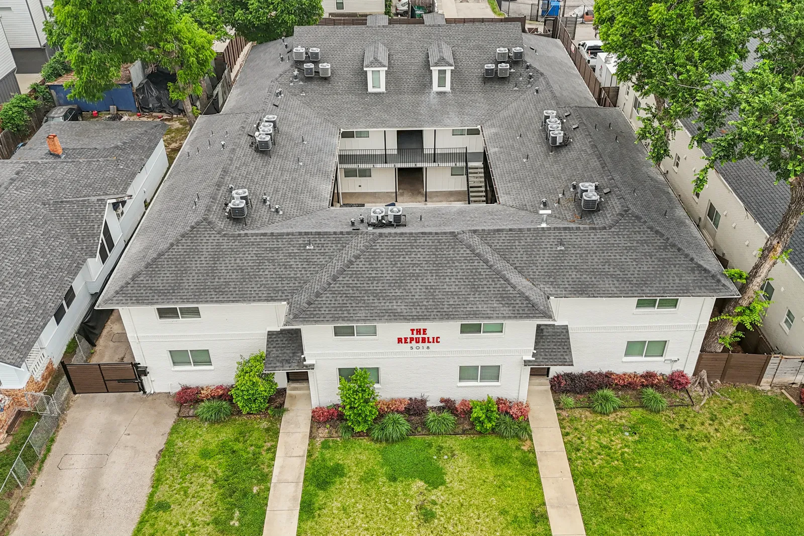 Aerial view of The Republic building and its Old East Dallas surroundings